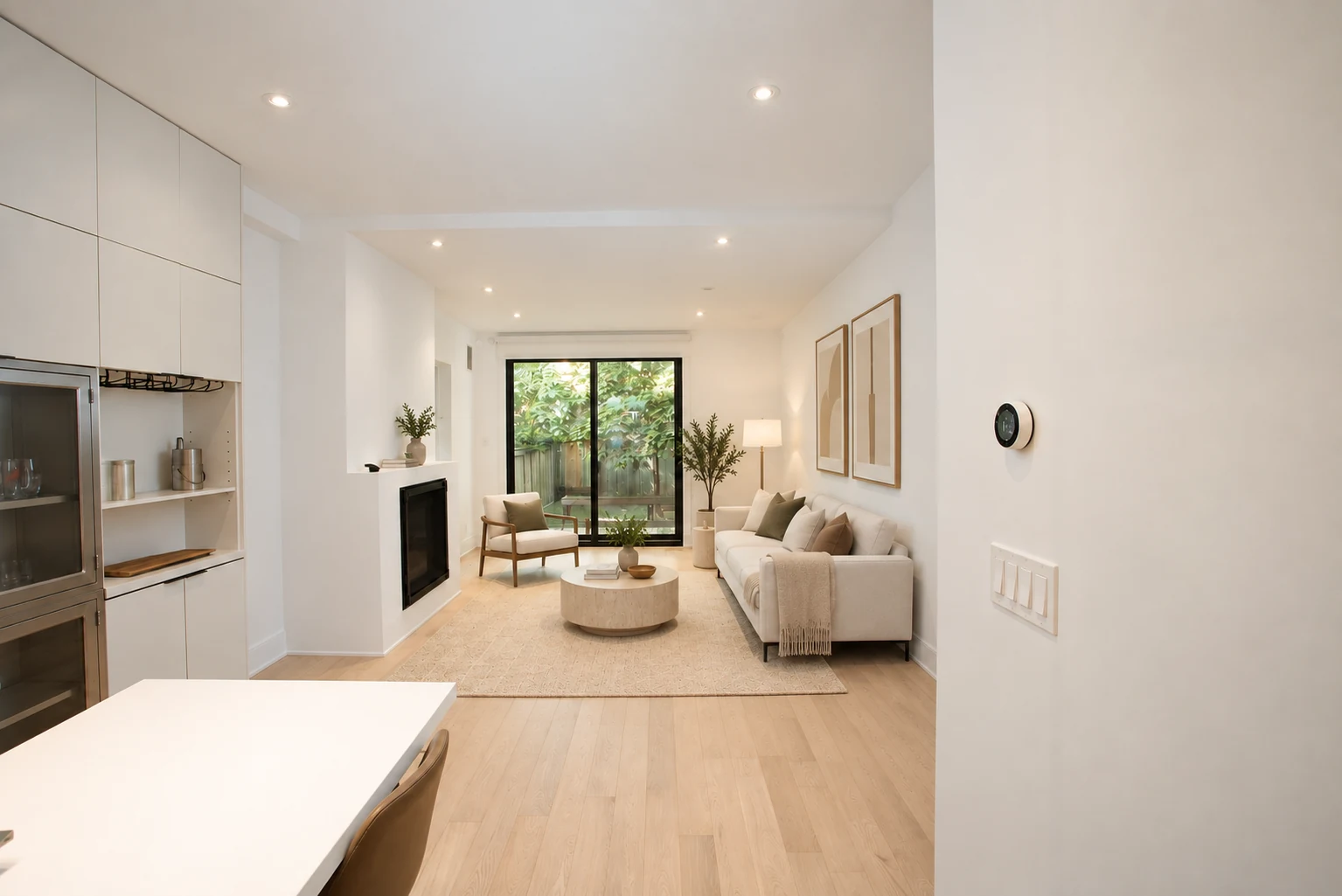 Virtually staged contemporary living room with a sofa, plants and light oak floors